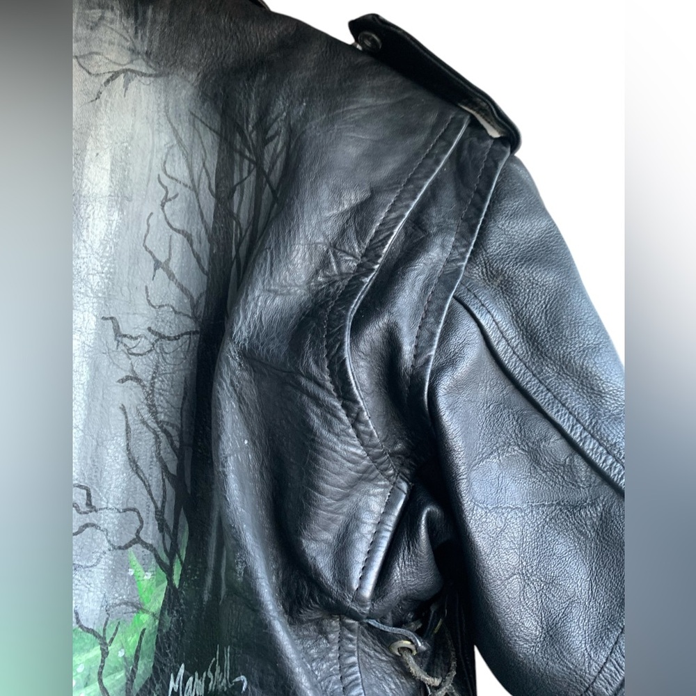 Vintage Black Leather Jacket Coat Artist Signed Mary Shell Fairy Painting Back - Picture 13 of 16